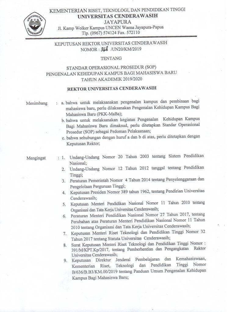 Standar Operasional Prosedur (SOP) Pengenalan Kehidupan Kampus-Mahasiswa Baru Tahun Akademik 2019/2020