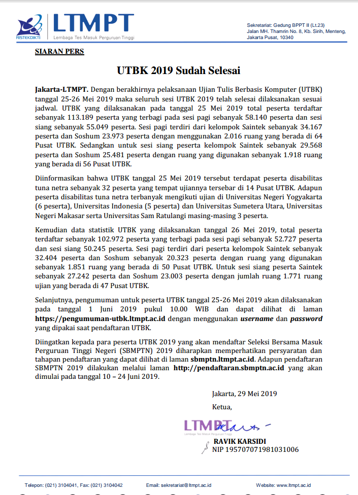 Siaran Pers UTBK 2019
