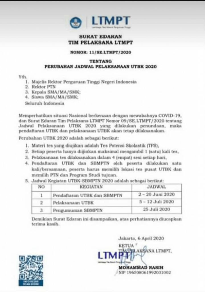 SURAT EDARAN TENTANG PERUBAHAHAN JADWAL UTBK 2020