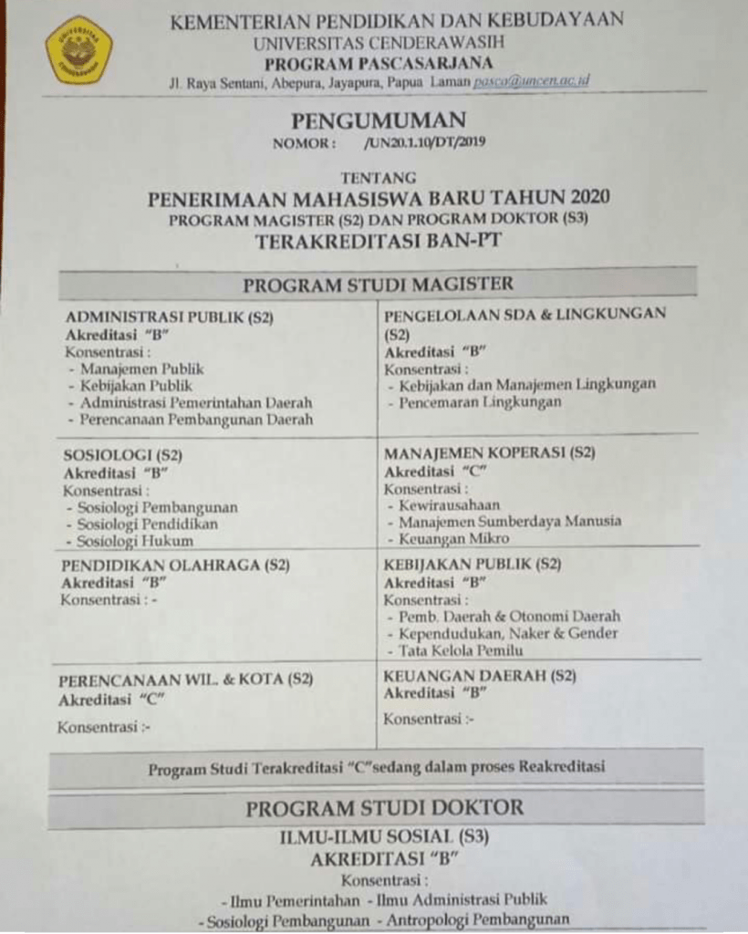 PENERIMAAN MAHASISWA BARU PROGRAM PASCA SARJANA T.A. 2019/ 2020