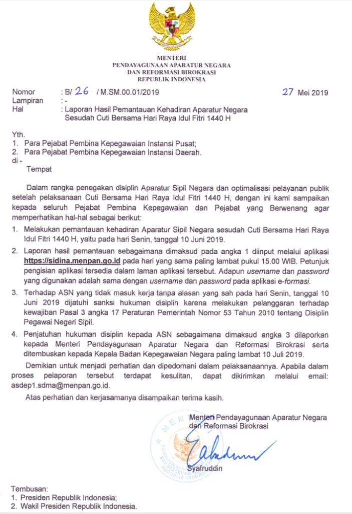 Surat MENPAN Mengenai Cuti Bersama Hari Raya Idul Fitri 1440H