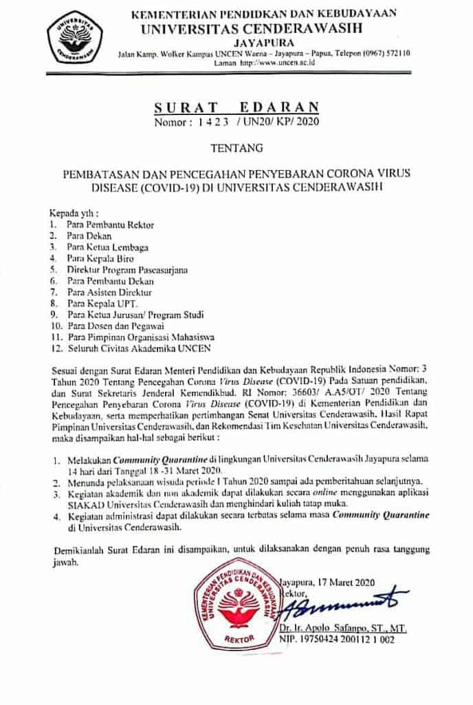 SURAT EDARAN REKTOR TENTANG PEMBATASAN DAN PENCEGAHAN PENYEBARAN CORONA VIRUS DI UNCEN
