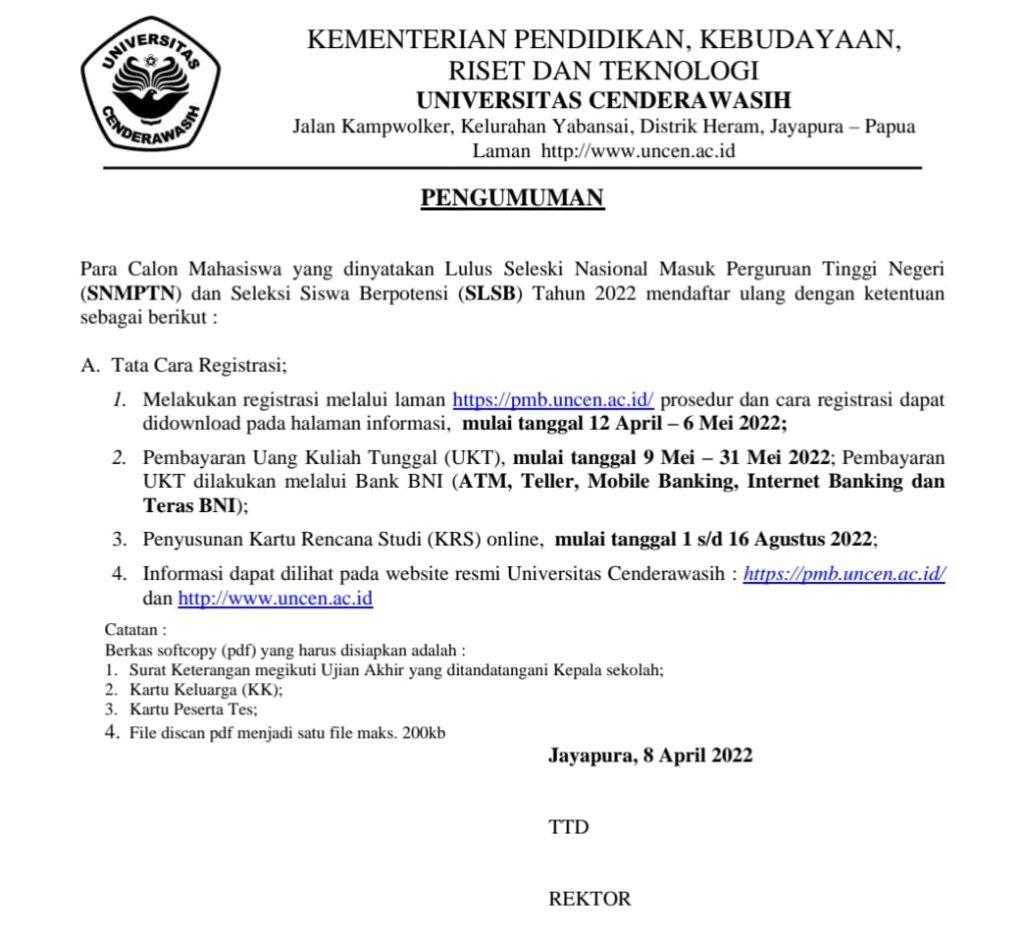 PENGUMUMAN: Ketentuan Daftar Ulang Bagi Calon Mahasiswa Yang Dinyatakan Lulus SNMPTN Dan SLSB Tahun 2022